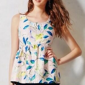 Leifsdottir Anthropologie Sleeveless Metallic Peplum Blouse with Birds Size 4